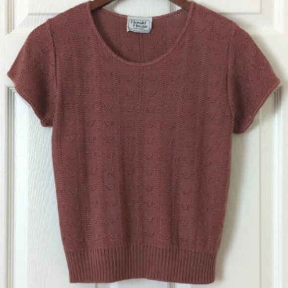 Herald House 80's Vintage Lightweight Pointelle Knit Scoop Neck Short Sleeve Top - Picture 1 of 7